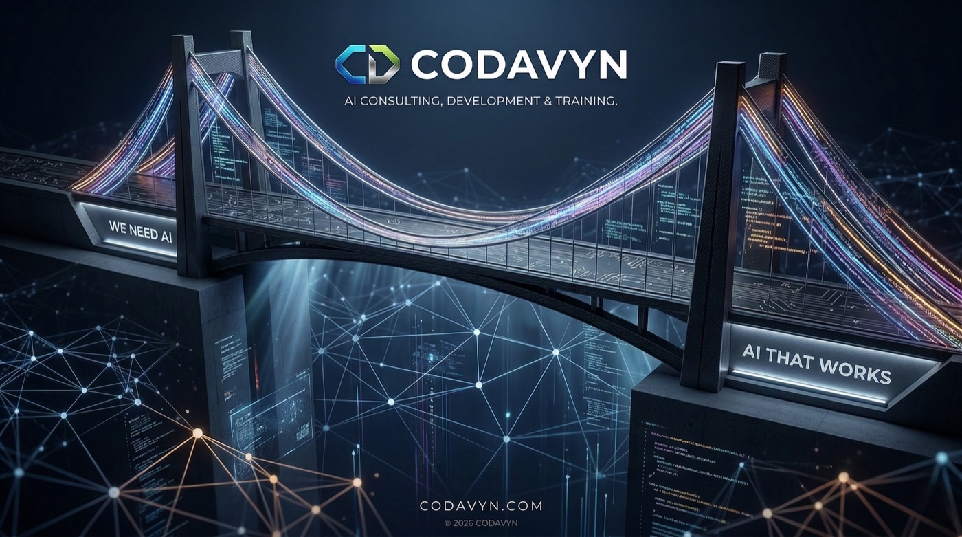 Bridge illustration connecting 'We Need AI' to 'AI That Works' — representing AI readiness assessment