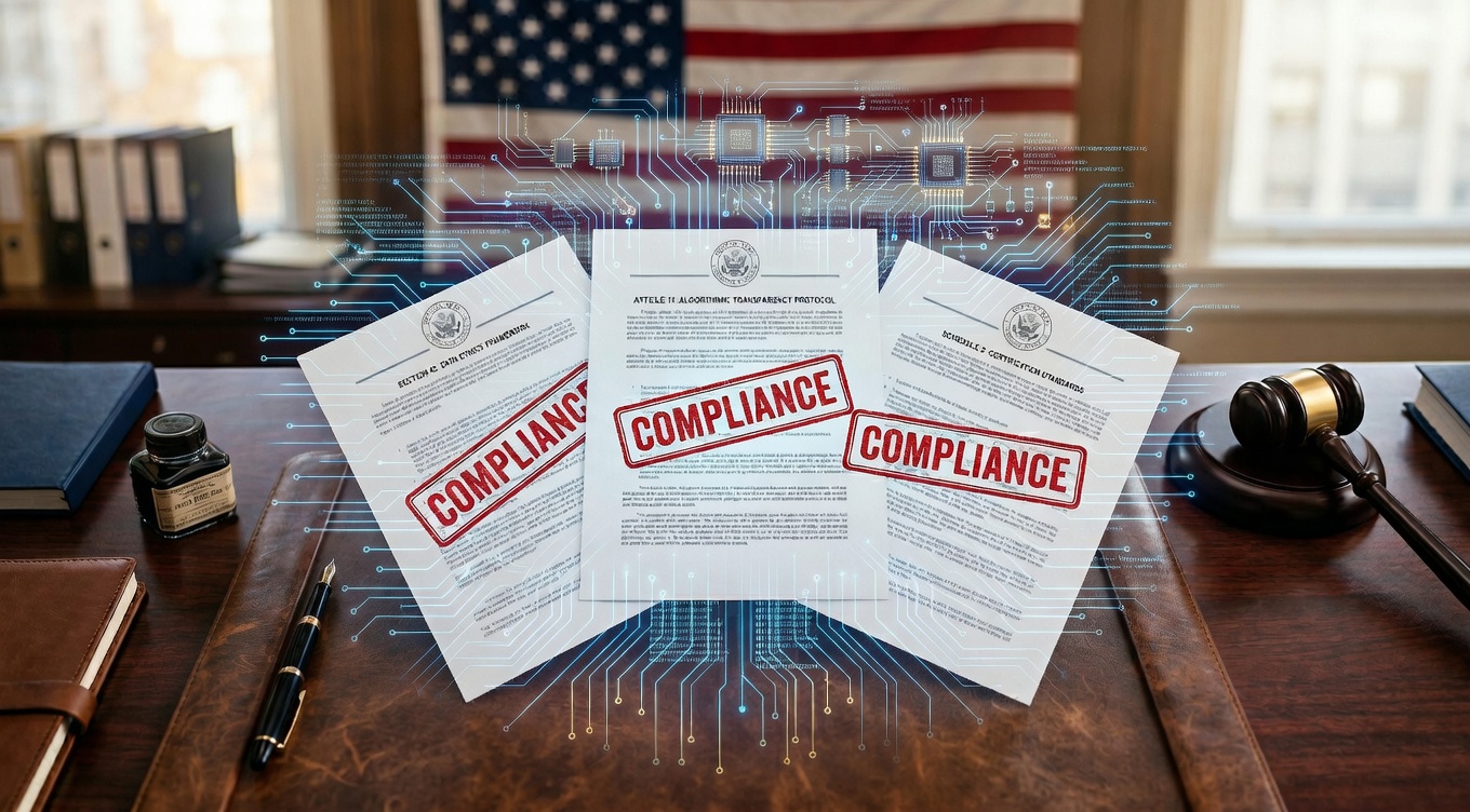 Government desk with official documents, brass details, and American flag — representing federal AI compliance rules reshaping government contracting