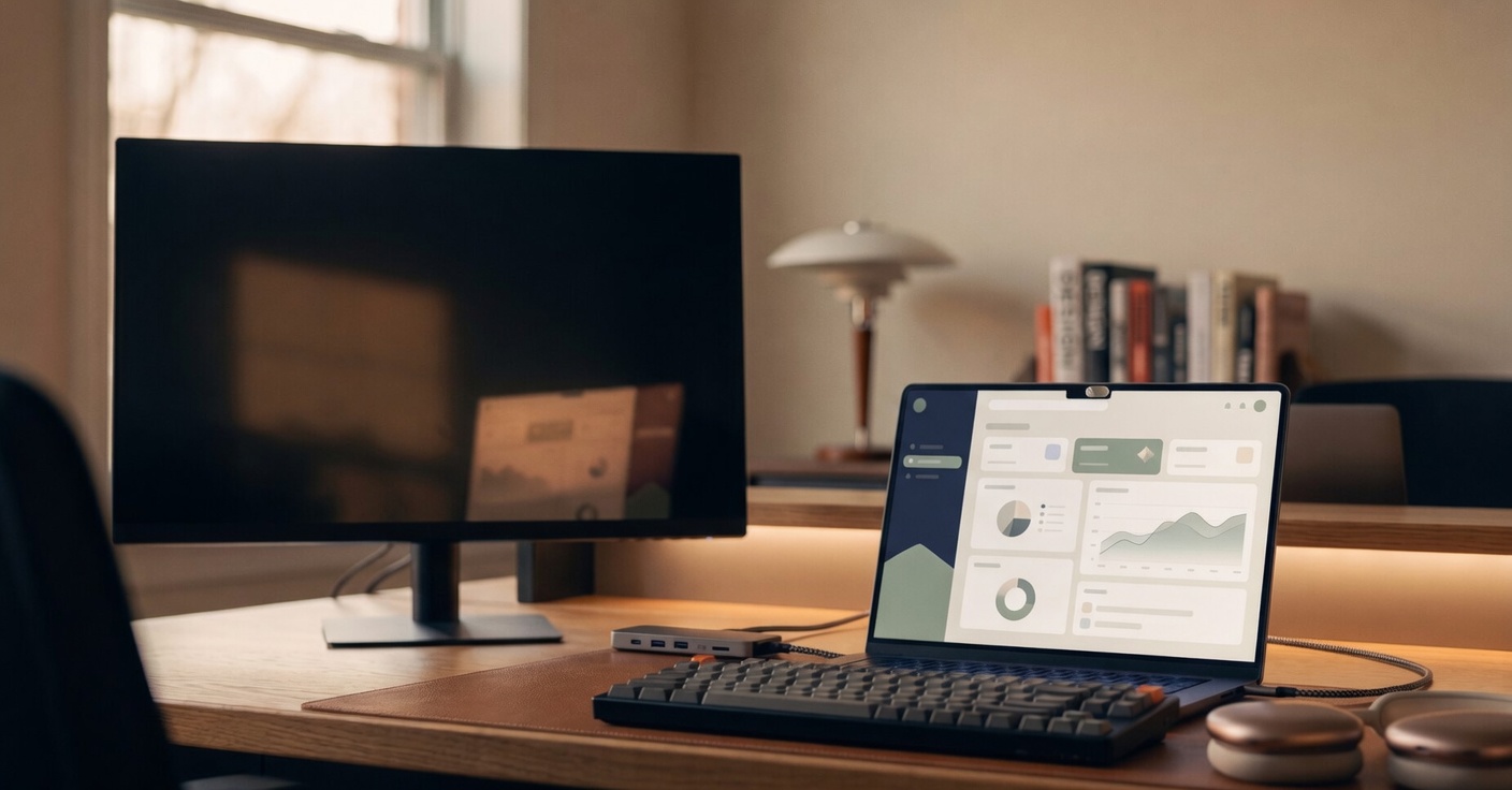 An empty office desk with a single unplugged subscription-software dashboard going dark, while a custom-built internal tool stays lit — representing enterprises replacing SaaS with software they own