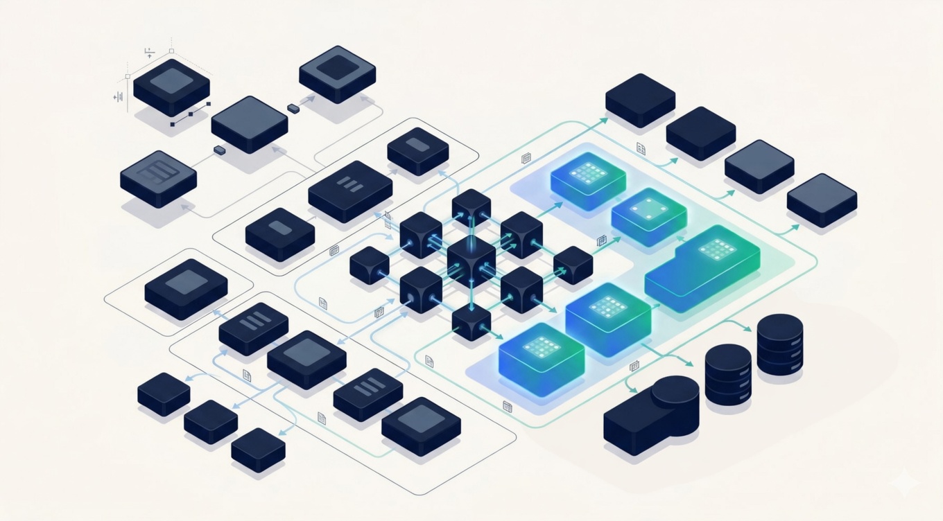 Custom build — modular geometric components assembling into a software architecture